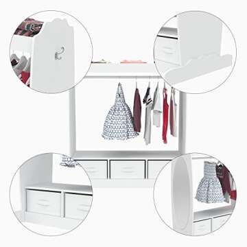 mecor Kids Dress Up Storage with Mirror, Clothes Hook, Shelf and Rod - Kids Armoire with Fabric Storage Bins (White)