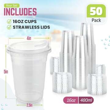 FROZIP 50 Pack 16oz Plastic Coffee Cups with Sip Lids - Strawless Clear Plastic Cups with Lid, Smoot...