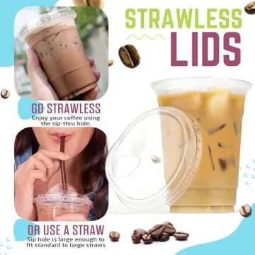 FROZIP 50 Pack 16oz Plastic Coffee Cups with Sip Lids - Strawless Clear Plastic Cups with Lid, Smoothie Cups with Lids & Iced Coffee Cups with Lids Restaurant Supplies, Disposable Clear Cups with Lids