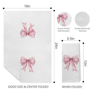 Kemingni Pink Coquette Bow Kitchen Towels Set of 2, Preppy Pink Bow Hand Towels for Bathroom, Coquet...