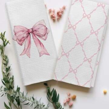 Kemingni Pink Coquette Bow Kitchen Towels Set of 2, Preppy Pink Bow Hand Towels for Bathroom, Coquette Bow Bathroom Decor, Preppy Bathroom Decor, Pink Bow Ribbon Dish Towels Tea Towels, 16x24 Inches