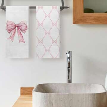 Kemingni Pink Coquette Bow Kitchen Towels Set of 2, Preppy Pink Bow Hand Towels for Bathroom, Coquette Bow Bathroom Decor, Preppy Bathroom Decor, Pink Bow Ribbon Dish Towels Tea Towels, 16x24 Inches