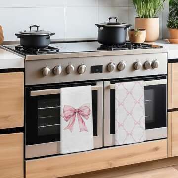 Kemingni Pink Coquette Bow Kitchen Towels Set of 2, Preppy Pink Bow Hand Towels for Bathroom, Coquette Bow Bathroom Decor, Preppy Bathroom Decor, Pink Bow Ribbon Dish Towels Tea Towels, 16x24 Inches