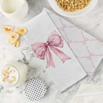 Kemingni Pink Coquette Bow Kitchen Towels Set of 2, Preppy Pink Bow Hand Towels for Bathroom, Coquette Bow Bathroom Decor, Preppy Bathroom Decor, Pink Bow Ribbon Dish Towels Tea Towels, 16x24 Inches