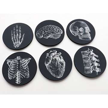 Anatomy Goth Gift Set of 4 or 6 Drink Coasters Skull Anatomical Heart Male Nurse Practitioner Doctor Physician Assistant