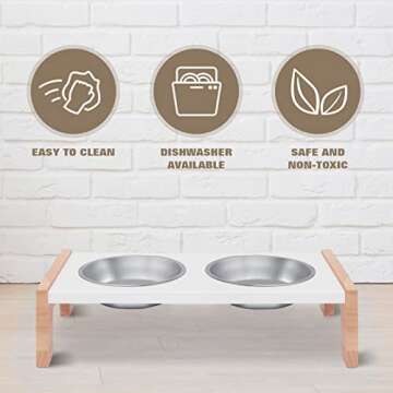 PEEKAB Raised Cat Bowls, Elevated Solid Wood Bowl Holder with 2 Stainless Steel Cat Bowls for Food and Water, Indoor Use