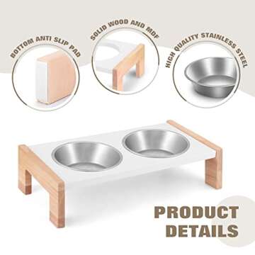 PEEKAB Raised Cat Bowls, Elevated Solid Wood Bowl Holder with 2 Stainless Steel Cat Bowls for Food and Water, Indoor Use
