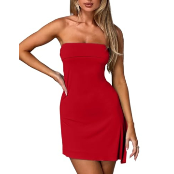 HYPERFIRE Women's Swummer Strapless Tube Mini Dress Asymmetrical Slit Cut Out Back Dresses Cocktail ...