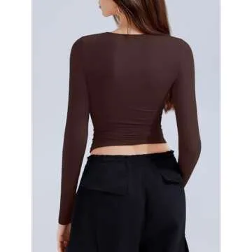 REORIA Long Sleeve Shirts for Women 2024 Fall Fashion Round Neck Basics Y2K Tops Layering Slim Fitted Top Cocoa S