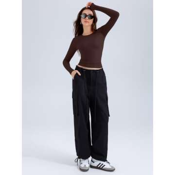 REORIA Long Sleeve Shirts for Women 2024 Fall Fashion Round Neck Basics Y2K Tops Layering Slim Fitted Top Cocoa S