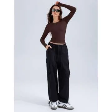 REORIA Long Sleeve Shirts for Women 2024 Fall Fashion Round Neck Basics Y2K Tops Layering Slim Fitted Top Cocoa S