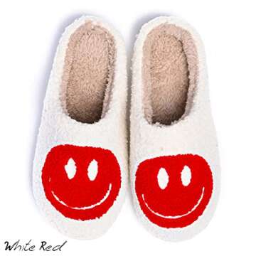 AIMINUO Women's Men's Retro Preppy Happy Face Slippers Comfy Warm Plush Slip-On House Slipper for Winter Indoor Soft Cushion Non-slip Fluffy Slides Slippers White-Red 7.5-8.5 Women/7-8 Men