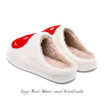 AIMINUO Women's Men's Retro Preppy Happy Face Slippers Comfy Warm Plush Slip-On House Slipper for Winter Indoor Soft Cushion Non-slip Fluffy Slides Slippers White-Red 7.5-8.5 Women/7-8 Men