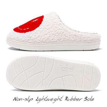 AIMINUO Women's Men's Retro Preppy Happy Face Slippers Comfy Warm Plush Slip-On House Slipper for Winter Indoor Soft Cushion Non-slip Fluffy Slides Slippers White-Red 7.5-8.5 Women/7-8 Men