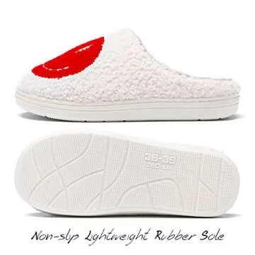 AIMINUO Women's Men's Retro Preppy Happy Face Slippers Comfy Warm Plush Slip-On House Slipper for Winter Indoor Soft Cushion Non-slip Fluffy Slides Slippers White-Red 7.5-8.5 Women/7-8 Men