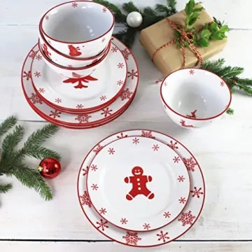 Euro Ceramica Winterfest Collection 12 Piece Dinnerware Set | Festive Ceramic Stoneware Dinnerware S...