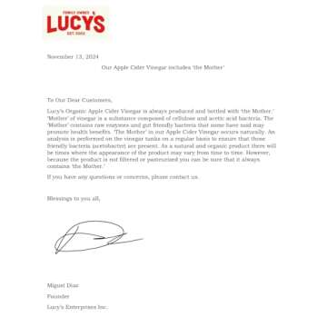 Lucy's Family Owned - 34oz. GLASS BOTTLE (2 PACK) Organic, With the Mother, Apple Cider Vinegar, Unf...