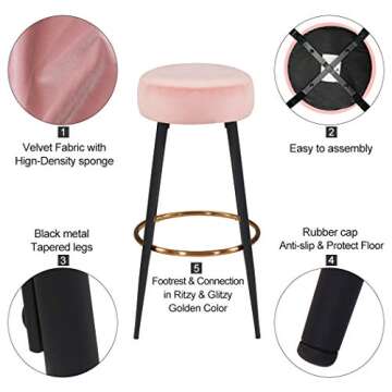 DUHOME Set of 2, Modern Round Velvet Bar Stools, Height 30 Inches, Kitchen Breakfast Round Dining Chair Height for Coffee Shop, Bar, Home Balcony (Pink Velvet)