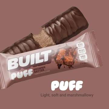 BUILT Puff Protein Bars, Brownie Batter Puff, High Protein Bars, 17g High Protein Snacks, On-The-Go Bars, only 140 Calories, 6g Sugar, Collagen, Gluten Free, 12 Count