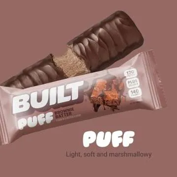 BUILT Puff Protein Bars, Brownie Batter Puff, High Protein Bars, 17g High Protein Snacks, On-The-Go Bars, only 140 Calories, 6g Sugar, Collagen, Gluten Free, 12 Count
