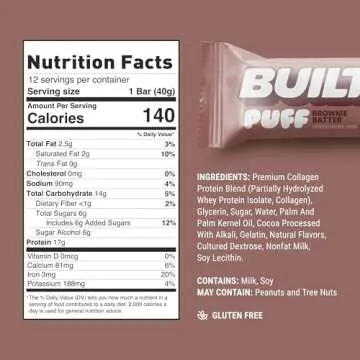 BUILT Puff Protein Bars, Brownie Batter Puff, High Protein Bars, 17g High Protein Snacks, On-The-Go Bars, only 140 Calories, 6g Sugar, Collagen, Gluten Free, 12 Count