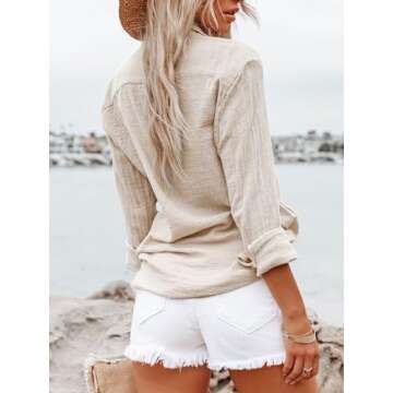 Aoudery Womens Button Down Shirts Gauze Cotton Dress Shirt Long Sleeve Oversized Boyfriend Solid Tunic Tops with Pockets -Apricot L