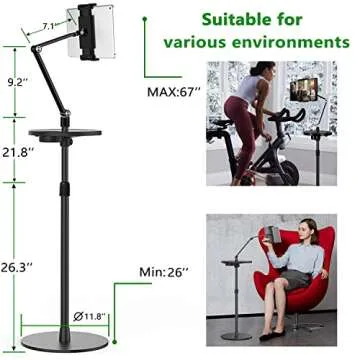 KSW KINGDO Tablet Floor Stand,Adjustable Height Swivel Tablet Holder Mount with Heavy Duty Stable Base Compatible iPad Pro Mini Air 12.9/9.7,Galaxy,Tab,Kindle,iPhone,Cellphones,Up to 13''tablets-Black