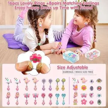 Toys for Girls Jewelry,37PCS Princess Toddler Girl Toys Age 6-8 for Pretend Play & Dress Up, Adjustable Ring Clip on Earrings Kids Toys for 3 4 5 6 7 8 9 Year Old Girls Christmas Birthday Gifts Ideas