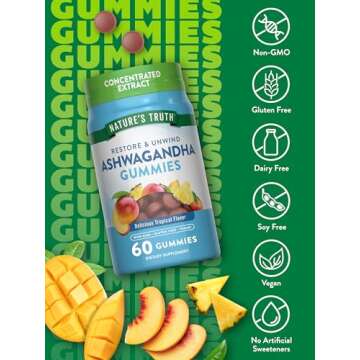 Nature's Truth Ashwagandha Gummies | 60 Count | Tropical Flavor | Vegan, Non-GMO, & Gluten Free Supplement