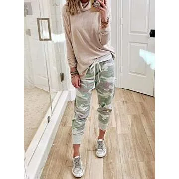 Acelitt Womens Fashion 2022 Casual Fall Drawstring Elastic Waist Camo Joggers with Pockets Sweatpants Workout Gym Comfy Athletic Pants Green Large