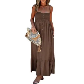 Dokotoo Women's Casual Dresses Sundresses 2025 Summer Boho Button Front Elastic Smocked Sexy Spaghet...