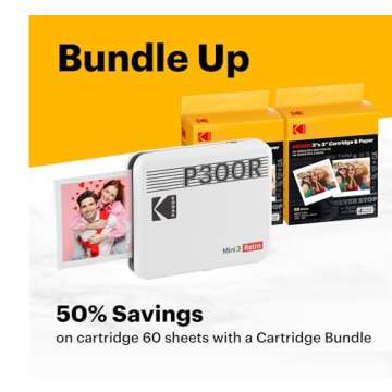 KODAK Mini 3 Retro 4PASS Portable Photo Printer (3x3 inches) Initial 8 Sheets + 60 Sheets Bundle, Bl...