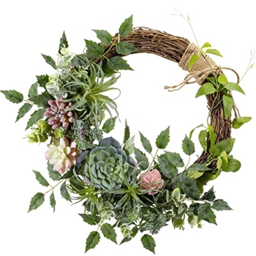 WANNA-CUL 16 inch Boho Spring Succulent Wreath Arrangement Decor for Front Door,Artificial Multicolo...