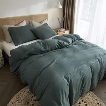 HYPREST 100% Pure French Linen Duvet Cover King, Green Duvet Cover King Size Soft Luxury Breathable Cooling, Moisture-Absorbing & Durable