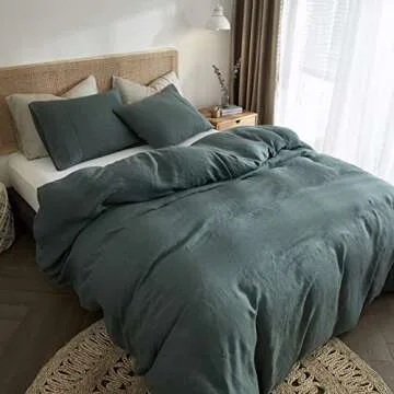HYPREST 100% Pure French Linen Duvet Cover King, Green Duvet Cover King Size Soft Luxury Breathable Cooling, Moisture-Absorbing & Durable