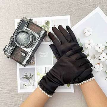 Yunyuebridal Elegant Dinner Party Gloves for Women Tulle Ruffle with Pearl Full Finger Satin Formal ...