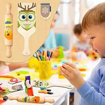 Wooden Mini Rolling Pin for Crafts 5.5 Inch Handle Dough Roller Wood Cutting Board Chopping Board with Handle and Blank Wooden Labels DIY Craft Hanging Tags with Hole (12 Pieces)