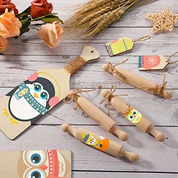 Wooden Mini Rolling Pin for Crafts 5.5 Inch Handle Dough Roller Wood Cutting Board Chopping Board with Handle and Blank Wooden Labels DIY Craft Hanging Tags with Hole (12 Pieces)