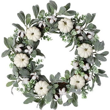 WANNA-CUL 24 inch Large Farmhouse Fall Wreath Decor for Front Door with White Pumpkin, Green Lamb's ...