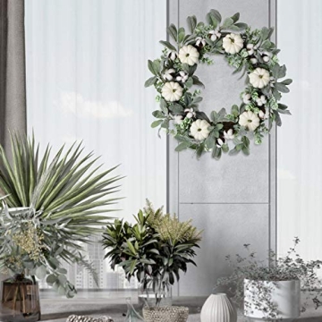 WANNA-CUL 24 inch Large Farmhouse Fall Wreath Decor for Front Door with White Pumpkin, Green Lamb's Ear and Eucalyptus Leaves, Harvest Door Wreath for Autumn or Thanksgiving Decorations