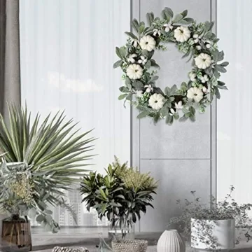WANNA-CUL 24 inch Large Farmhouse Fall Wreath Decor for Front Door with White Pumpkin, Green Lamb's Ear and Eucalyptus Leaves, Harvest Door Wreath for Autumn or Thanksgiving Decorations