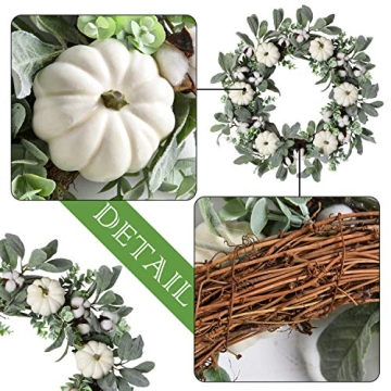 WANNA-CUL 24 inch Large Farmhouse Fall Wreath Decor for Front Door with White Pumpkin, Green Lamb's Ear and Eucalyptus Leaves, Harvest Door Wreath for Autumn or Thanksgiving Decorations