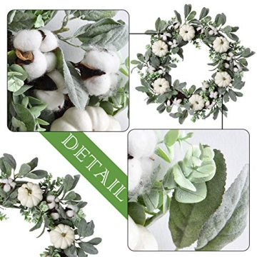 WANNA-CUL 24 inch Large Farmhouse Fall Wreath Decor for Front Door with White Pumpkin, Green Lamb's Ear and Eucalyptus Leaves, Harvest Door Wreath for Autumn or Thanksgiving Decorations
