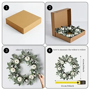 WANNA-CUL 24 inch Large Farmhouse Fall Wreath Decor for Front Door with White Pumpkin, Green Lamb's Ear and Eucalyptus Leaves, Harvest Door Wreath for Autumn or Thanksgiving Decorations