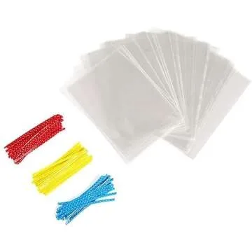 Brandon-super 100 Pcs 8 in x 6 in Clear Flat Cello Cellophane Treat Bags Good for Bakery,Popcorn,Cookies, Candies,Dessert, Birthday 1.4mil.Give Metallic Twist Ties!