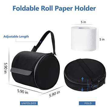 Hanging Toilet Paper Holder Waterproof Tissue Holder Cat Proof Roll Paper Case Cover Portable and Foldable Roll Storage Bag with Adjustable Strap for Wall Car Camping Tent Home Office Black