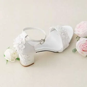 Women's Bridal Shoes Open Toe Comfortable Mid Block Heel Lace Satin Ankle Strap Wedding Dress Pump Sandals