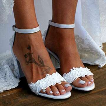Women's Bridal Shoes Open Toe Comfortable Mid Block Heel Lace Satin Ankle Strap Wedding Dress Pump Sandals