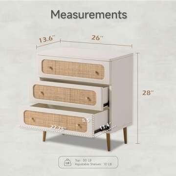 LONYKE Wicker Rattan Chest of Drawers, 3-Drawer Dresser, White Finish Wooden Storage Cabinet, Modern...