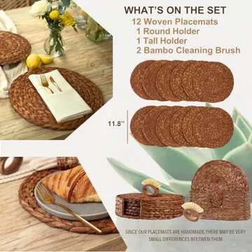DecoraWell Round Woven Placemats Set of 12 with Bamboo Brushes, Handmade, Wicker Placemats with Holder, Rattan Chargers for Dinner Plates, Rustic, Boho Placemats (11.8 in)